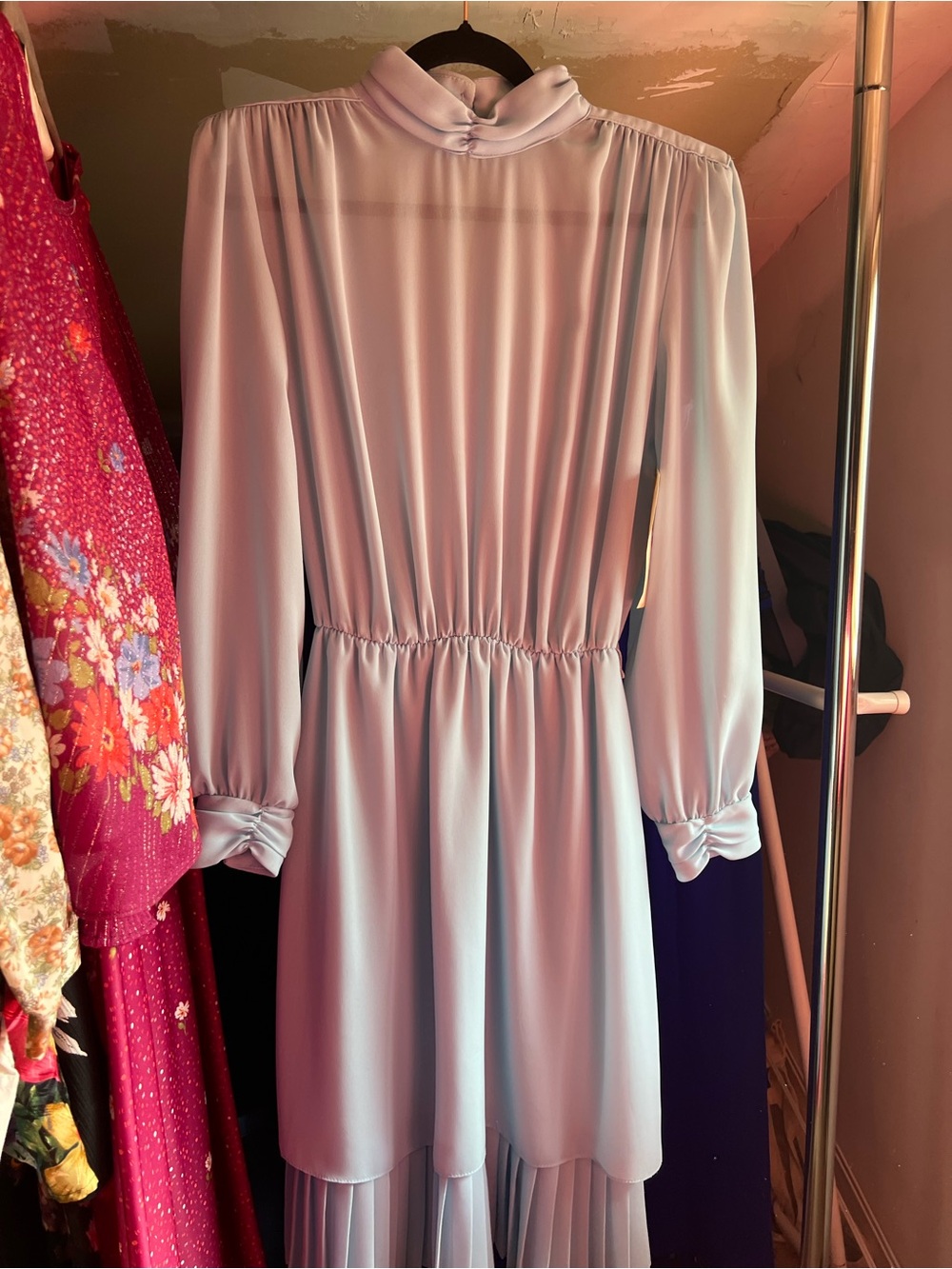 Vintage Splendid 80s Light Blue Long Sleeve Midi Dress with High Neck